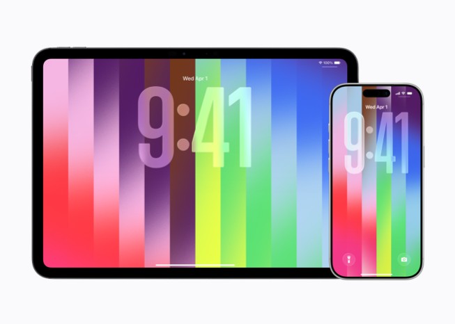 Fond d'écran Pride 2026 affiché sur un iPad Pro et un iPhone 17 Pro