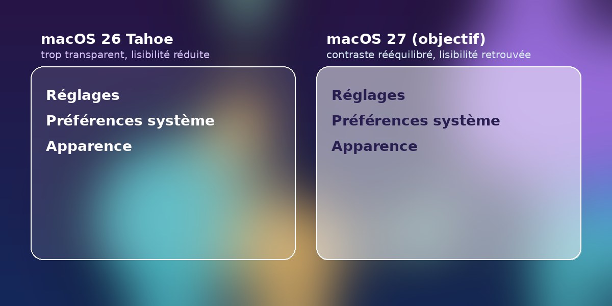 Comparaison entre une interface Liquid Glass trop transparente et une version mieux contrastée